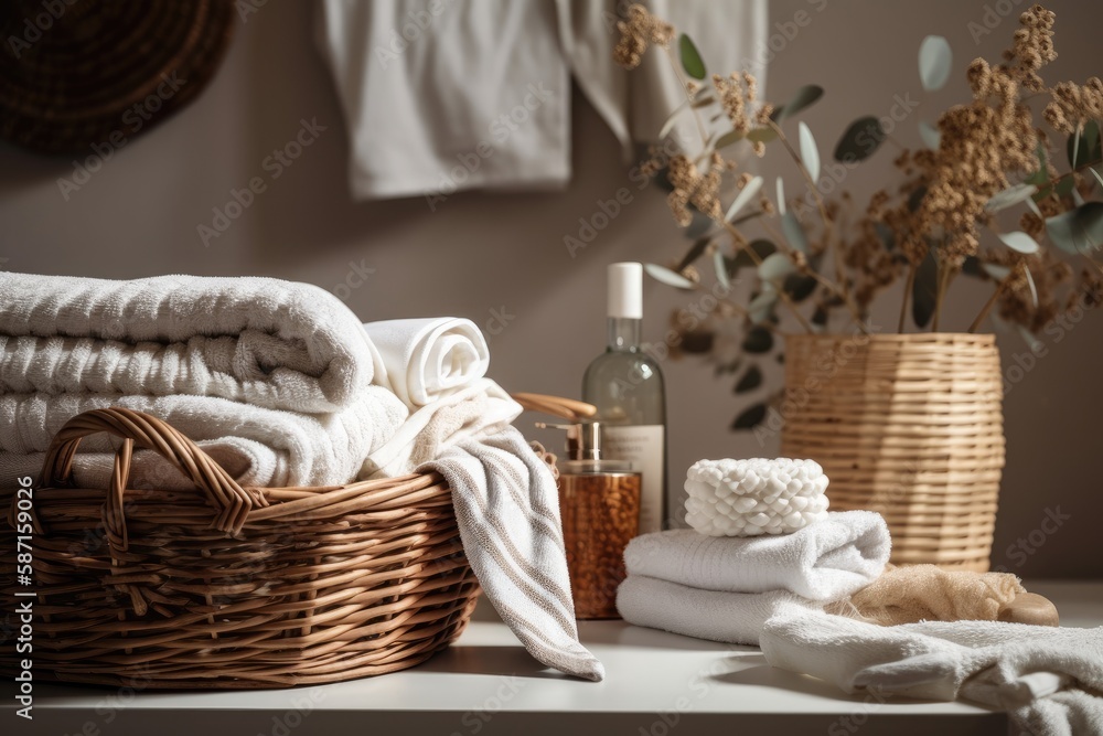 Towels and other household items are stored in a stack of white wicker baskets on a bathroom shelf. 