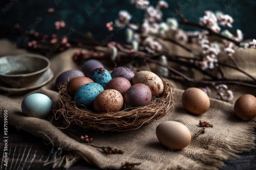 basket filled with colorful Easter eggs on a wooden table. Generative AI