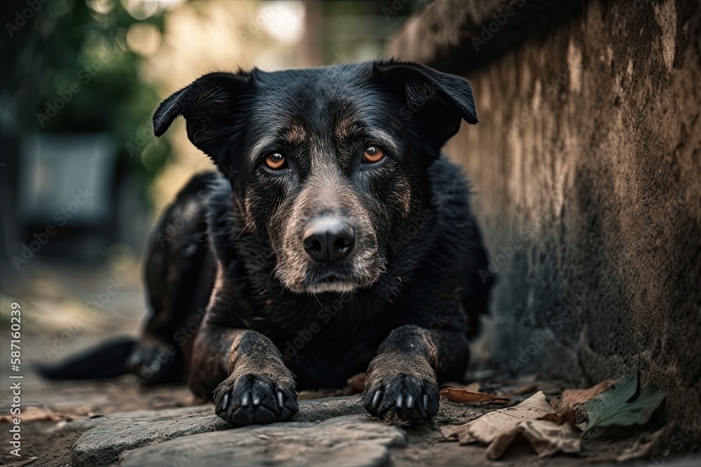 Street dog on the ground. Generative AI