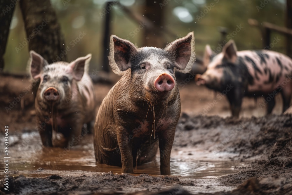 Pigs on the farm relaxing in mud and water. Generative AI