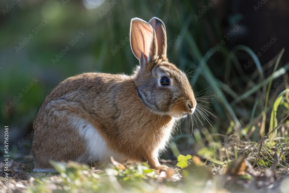 A adorable, plump brown rabbit eating some food in the sun is shown up close. Generative AI