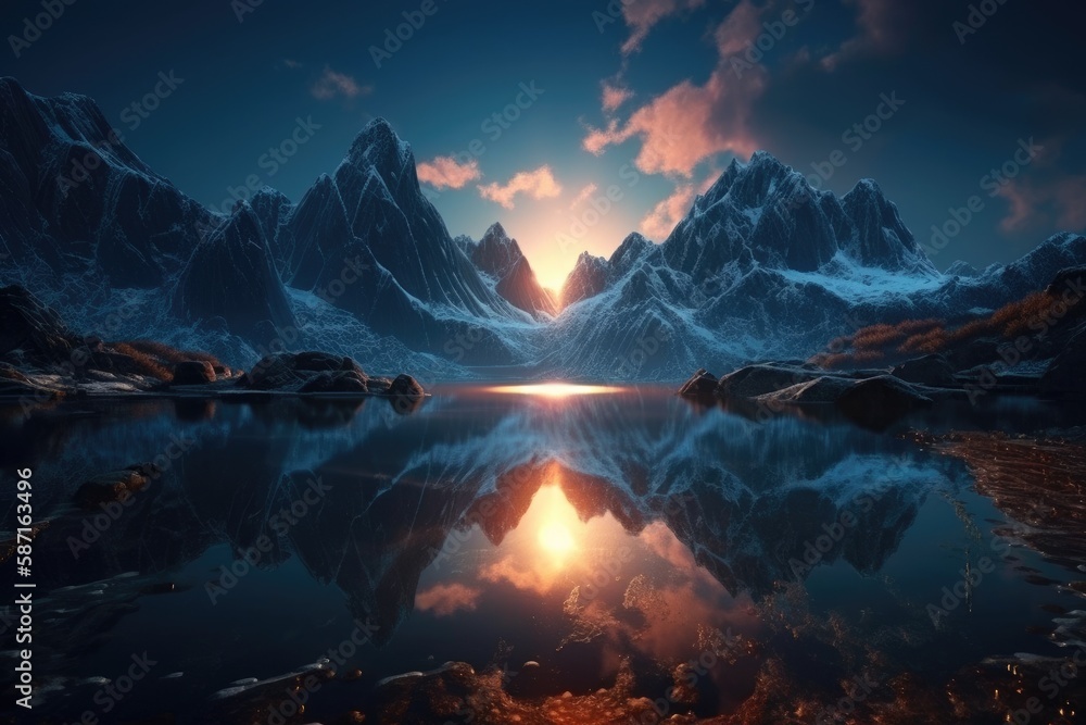 serene lake reflecting the majestic mountain range in the background. Generative AI