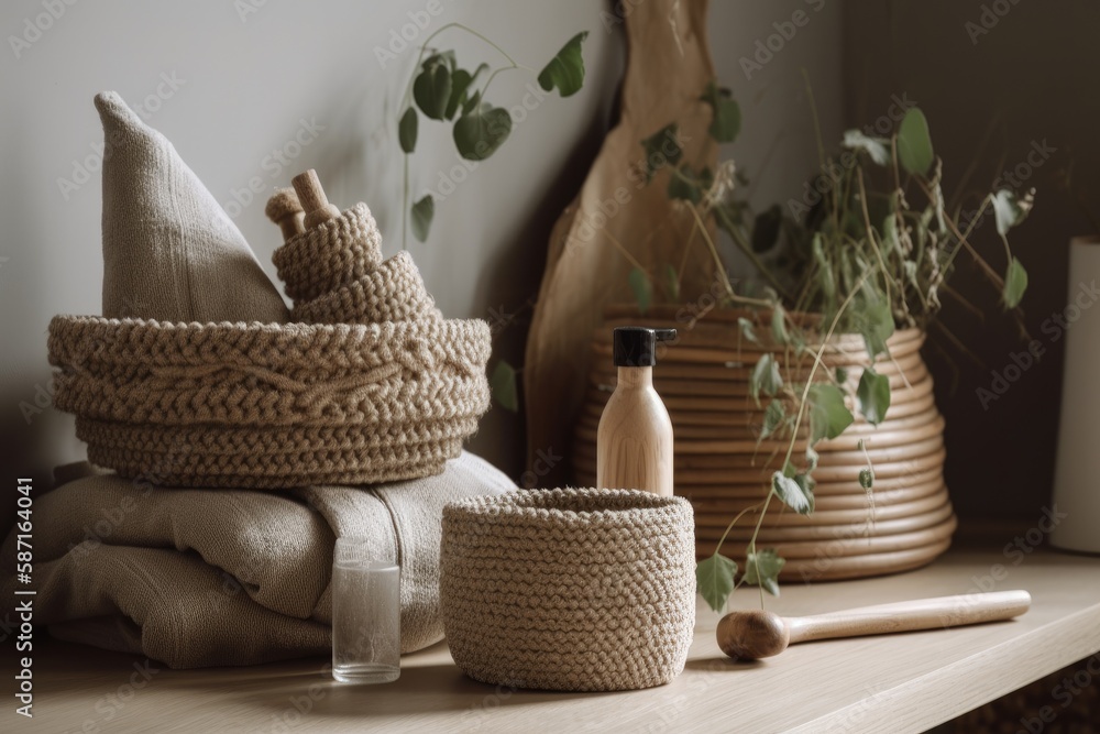 Woven jute baskets with toiletries on light wood Room stand. natural eco interiors, bohemian or rura