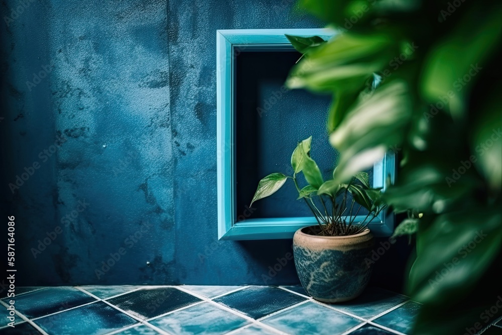 green potted plant placed on a windowsill with a blue window in the background. Generative AI