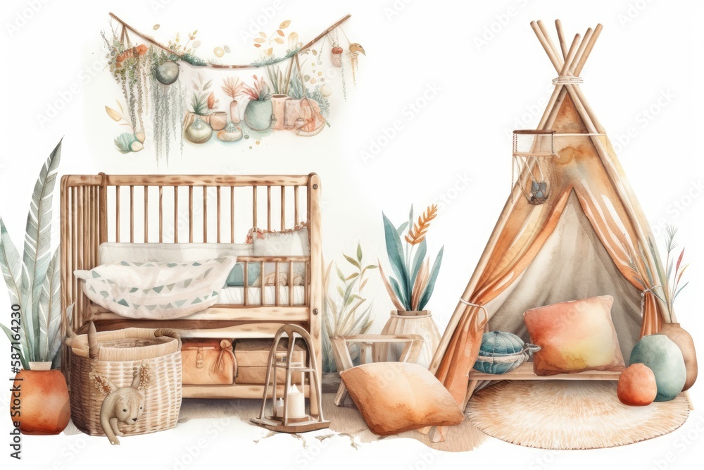 Boho watercolor nursery. Vintage kids room decor isolated on white. Generative AI