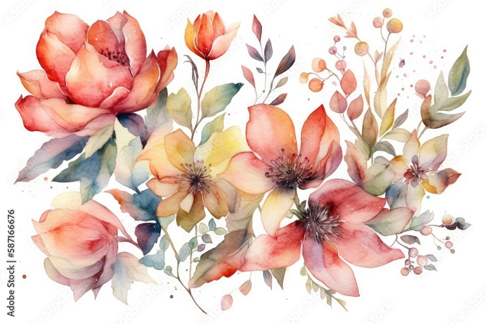 watercolor flowers and leaves. Generative AI