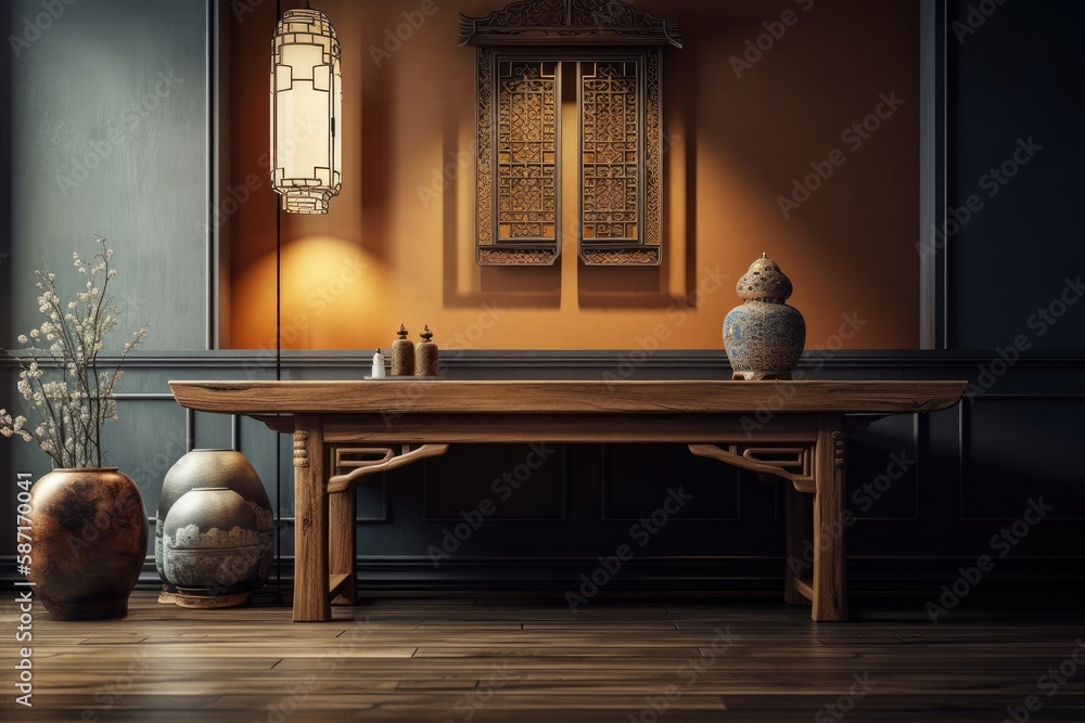 zen mood, over classic philosophy bizarre interior design, living room, lobby, hall, archway with st