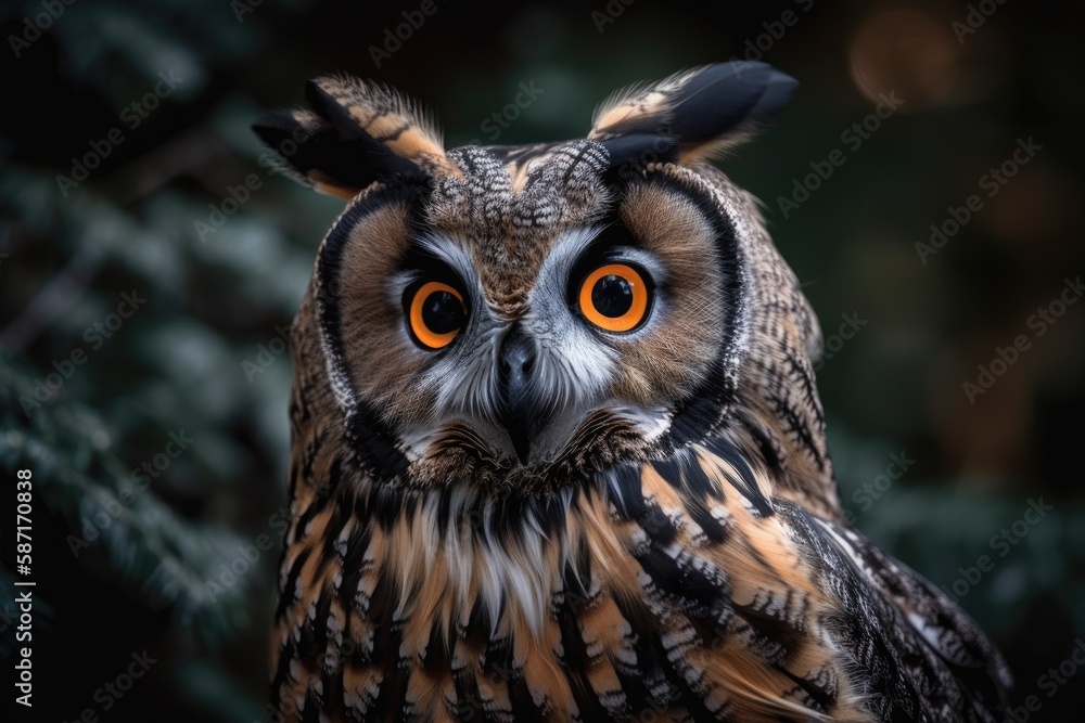 Bird in close up portrait. The northern long eared owl is a species of long eared owl (Asio otus). T