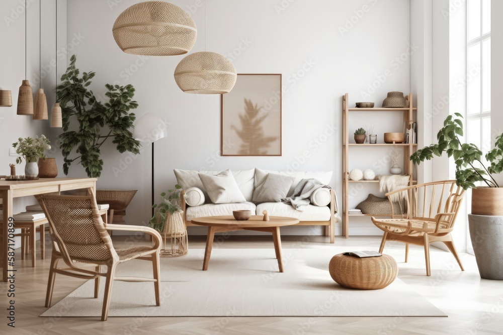 Scandinavian home design, light living room with neutral wooden furnishings,. Generative AI