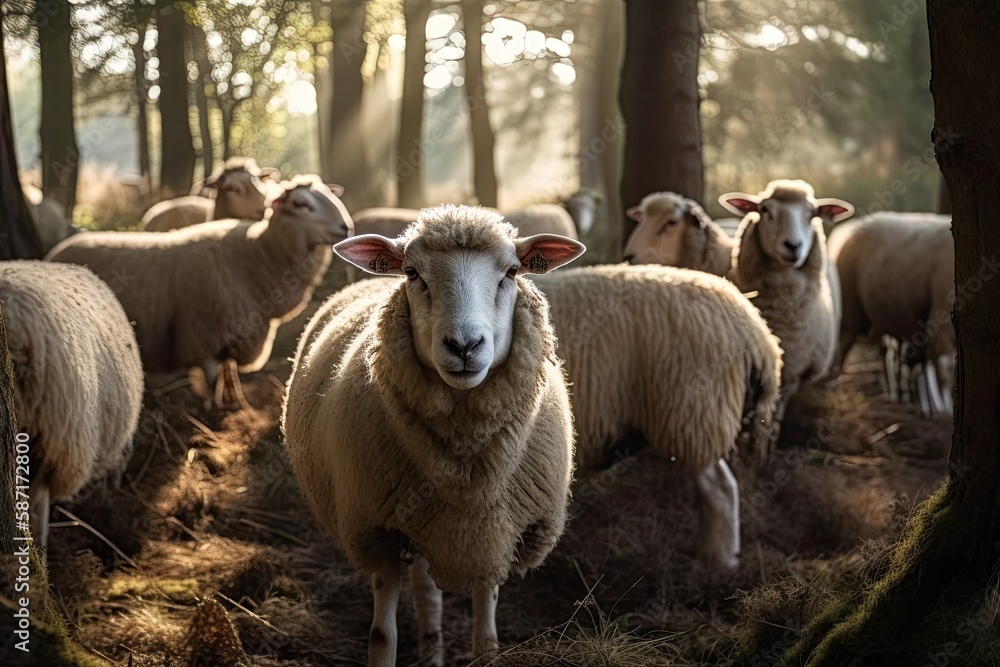 Sheep graze in the Netherlands countryside while they watch you. Generative AI