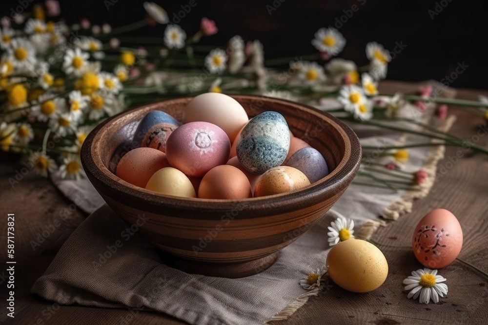 rustic wooden bowl filled with vibrant Easter eggs on a tabletop. Generative AI