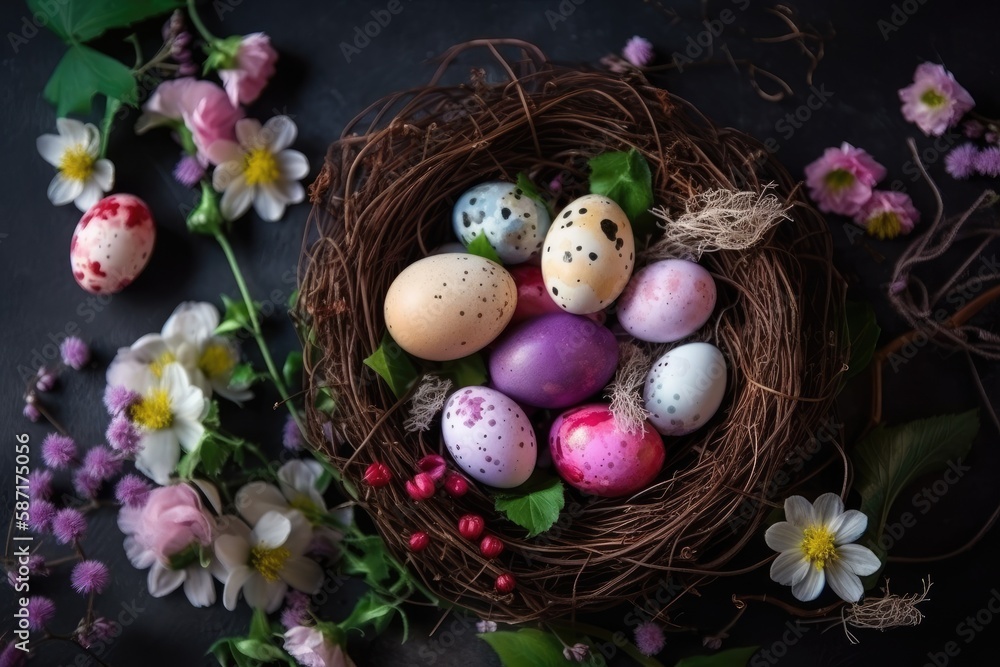 birds nest with colorful painted eggs and blooming flowers. Generative AI