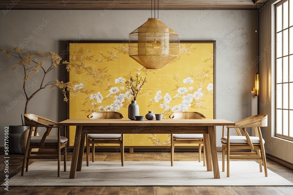 Japandi dining room with white and yellow minimalist wooden table. Wallpaper mockup. Minimalist inte