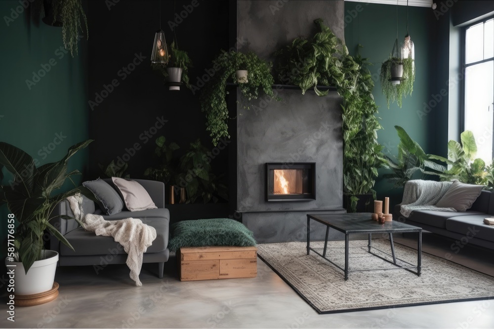 Living area with fireplace and green plants. Generative AI