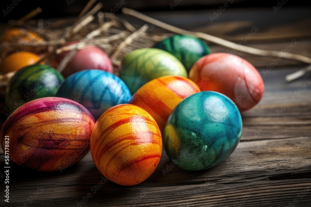 colorful painted eggs arranged on a wooden table. Generative AI