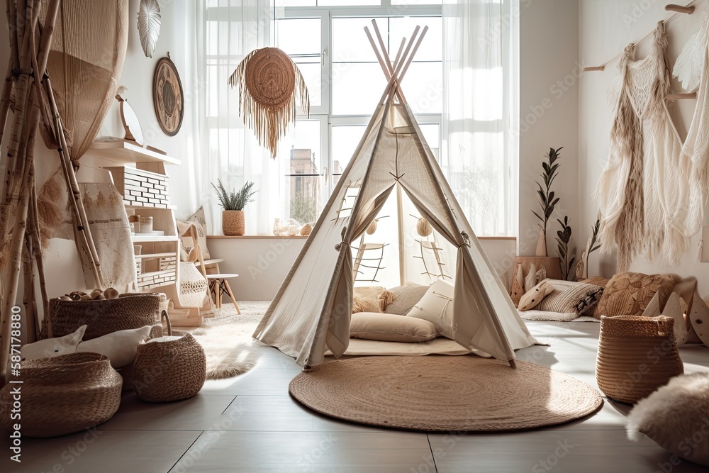 White cloth kids teepee and Native American décor in childrens room with copy space. Generative AI