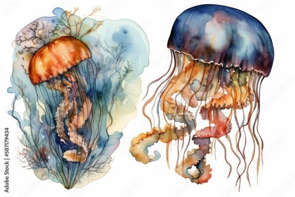 jellyfish and seaweed in a watercolor style. Generative AI