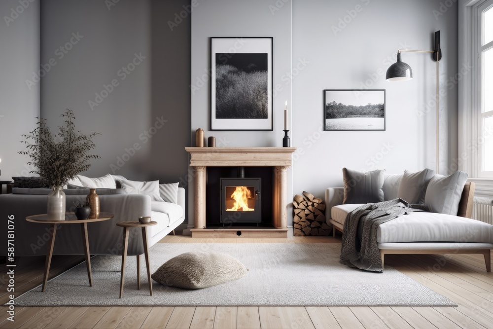 Classic gray Scandinavian decor with a couch, stove, and fireplace. mock up for an illustration. Gen