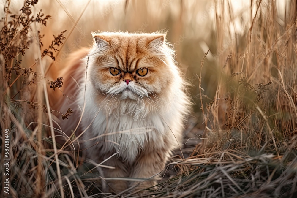 Persian cat strolling through the grass. Generative AI