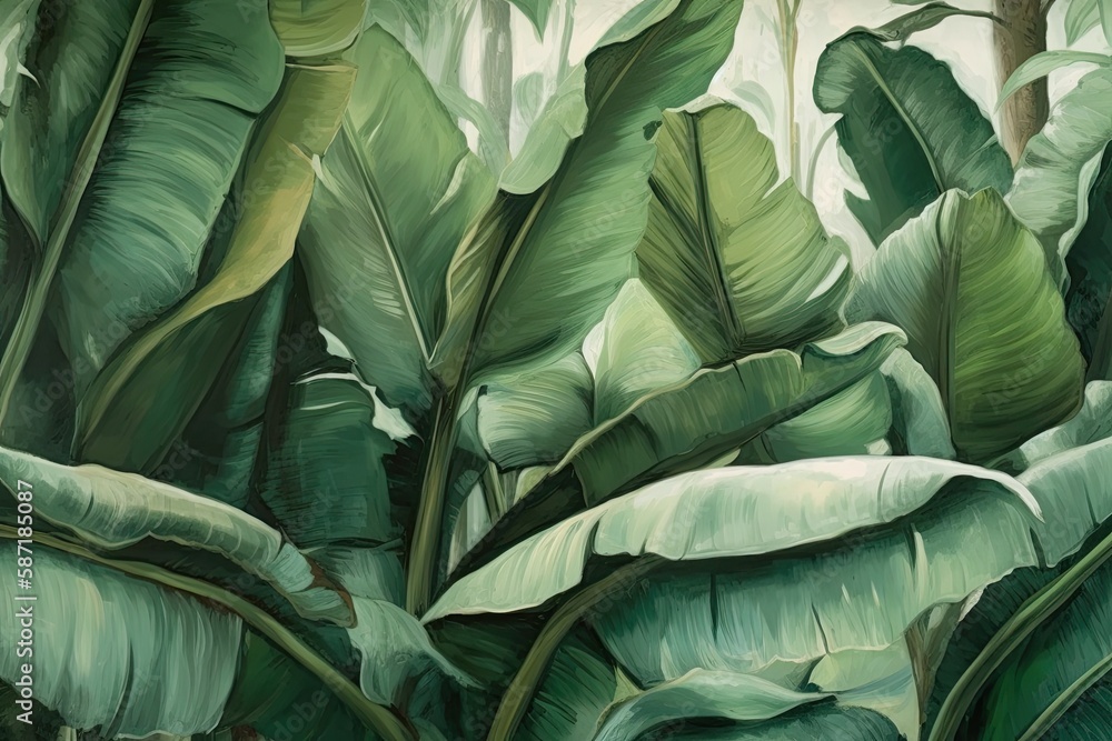 Banana leaf wallpaper, oil painting, green backdrop, mural art. Generative AI