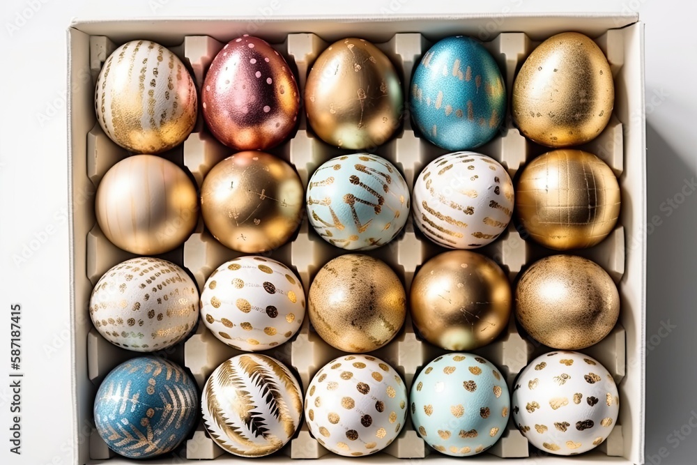 colorful egg carton filled with a variety of vibrant Easter eggs. Generative AI