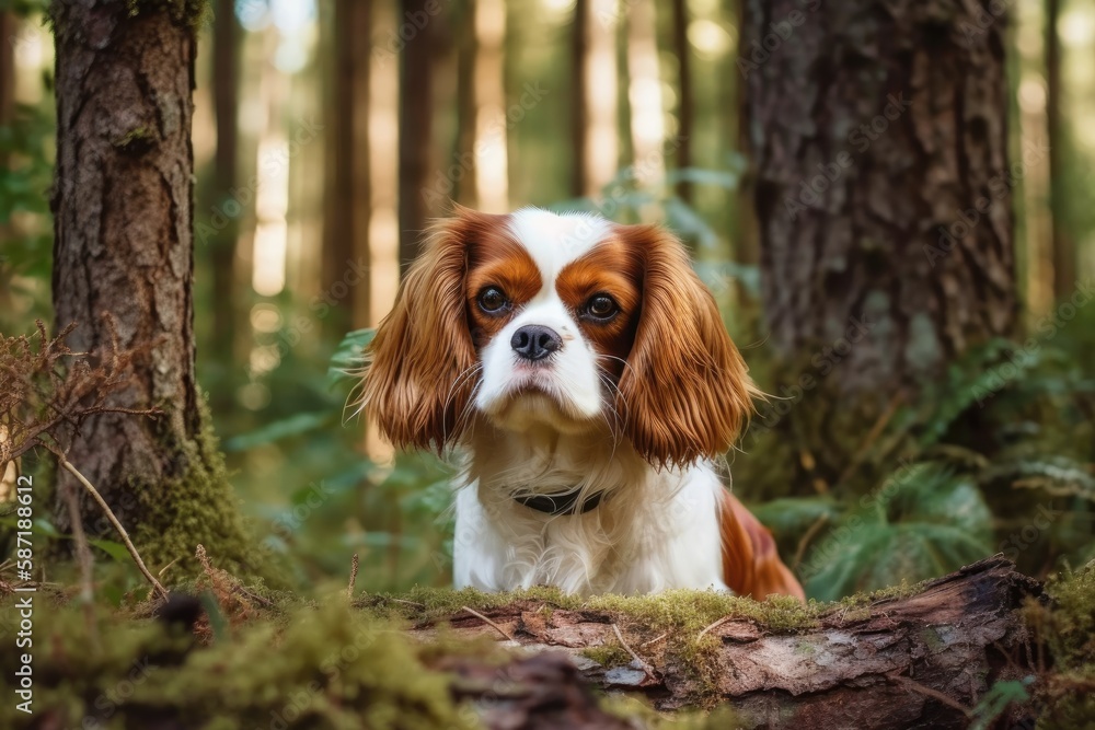 Cavalier King Charles in a woodland. Generative AI