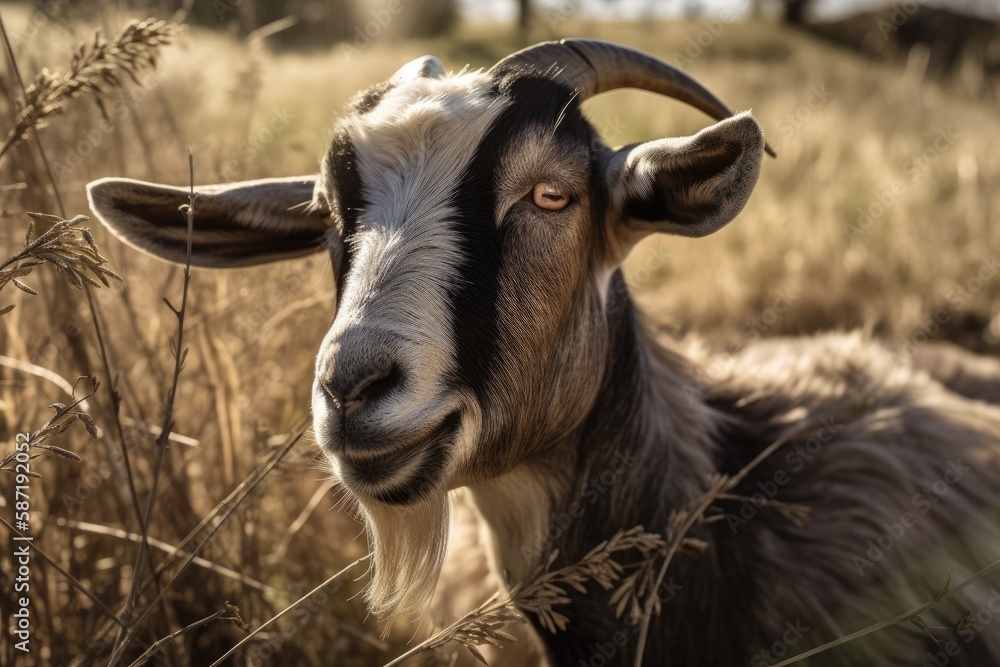 United States, California, goat eating grass. Generative AI