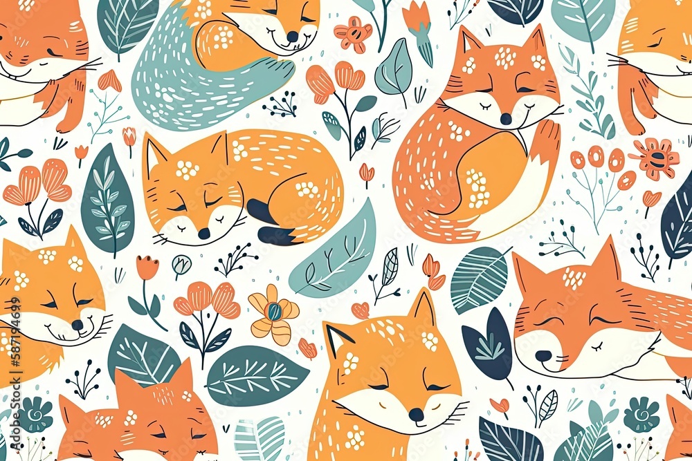 whimsical fox and flower pattern on a white background. Generative AI