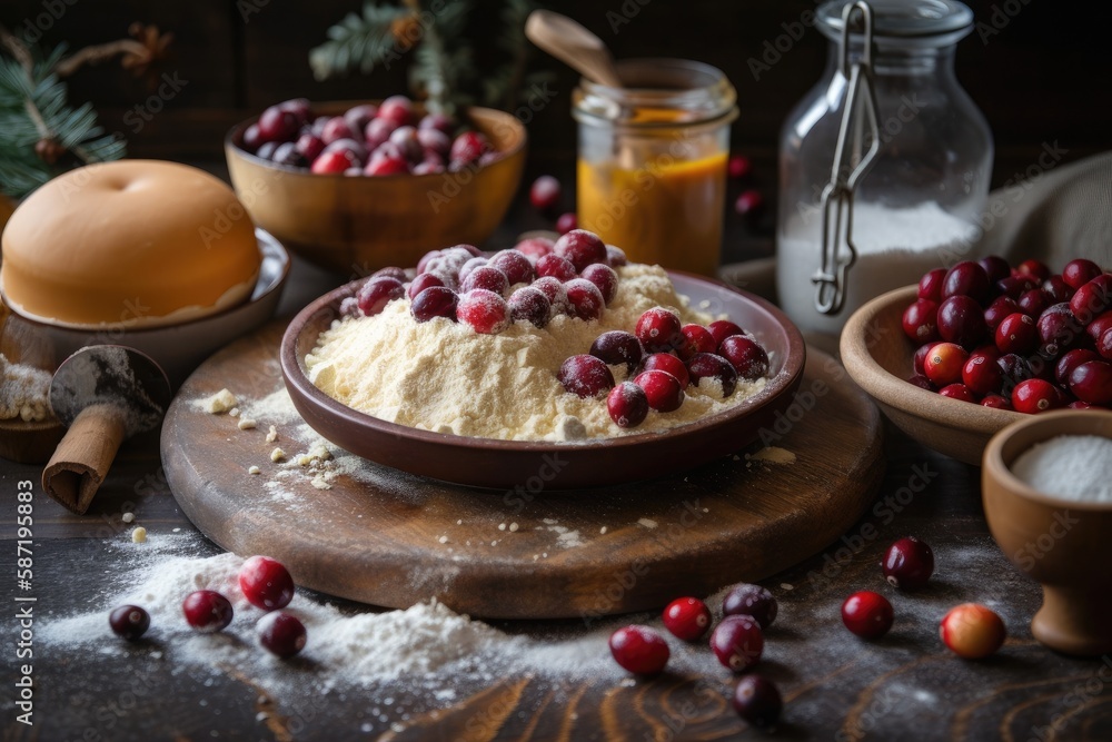 foodstuffs for cooking holiday baking Spices, cranberries, butter, sugar, and flour on the top of th