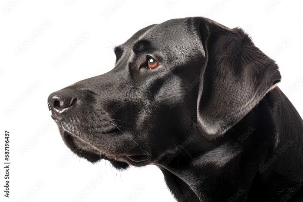 Portrait of a black labrador dog. Photographed in a studio on a white background. Portrait from the 