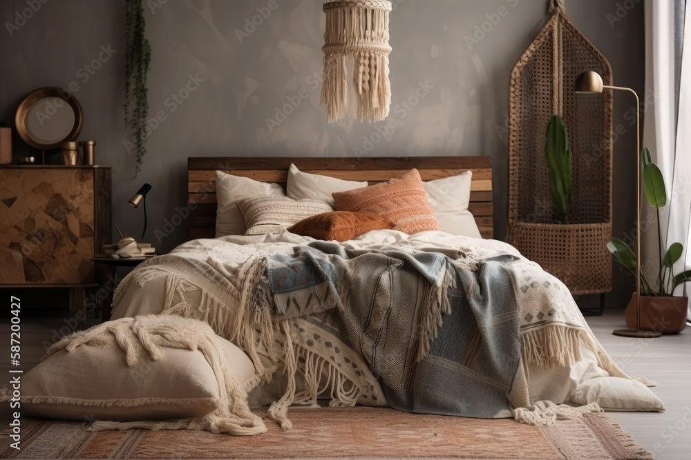 Front view of boho bedroom with soft plaid and warmth blanket on comfy bed, pillows, cushions, armch