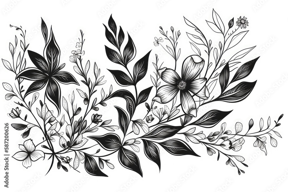 black and white floral arrangement. Generative AI