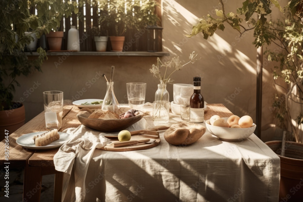 A chic outdoor kitchen scene featuring a wooden table, food, beverages, kitchen utensils, a beige ta