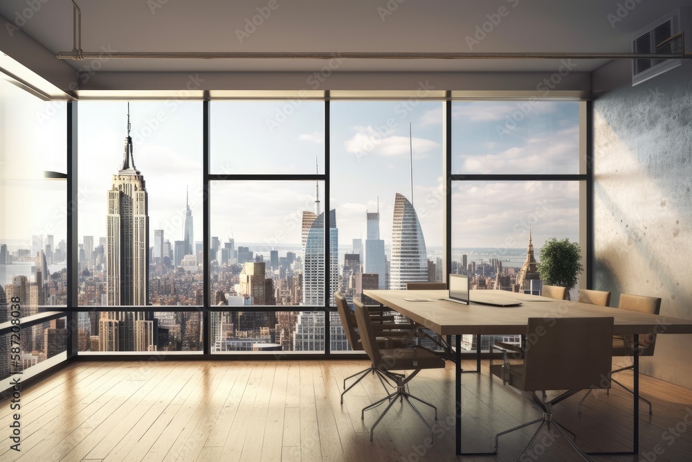 A vacant office, a wooden wall with a white poster, and a panoramic window with a view of New York. 