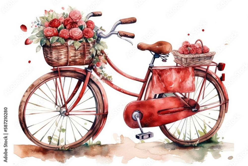 vintage bicycle with a charming basket of colorful flowers painted in watercolors. Generative AI