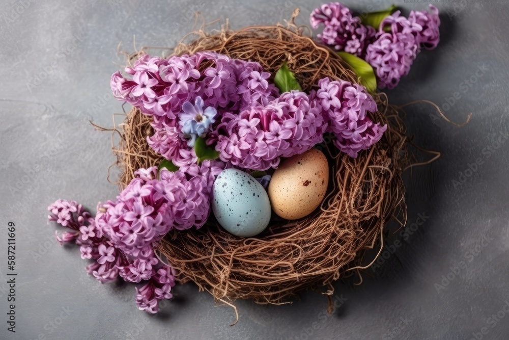 birds nest filled with purple flowers and eggs. Generative AI