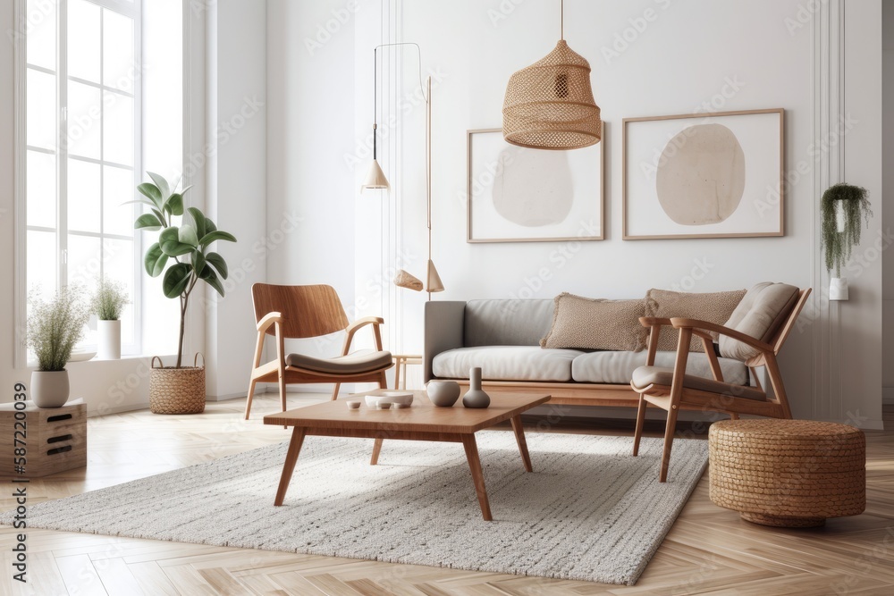 Modern living room with two seats near coffee table and home decorating, scandinavian style, empty w