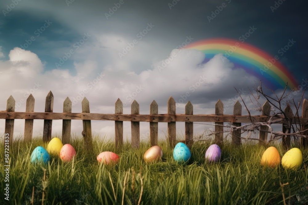 colorful Easter eggs arranged on the grass near a wooden fence. Generative AI