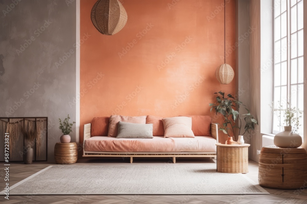 Japandi living room with plaster wall. Macrame wall art and minimalist fabric couch. Wabi sabi decor