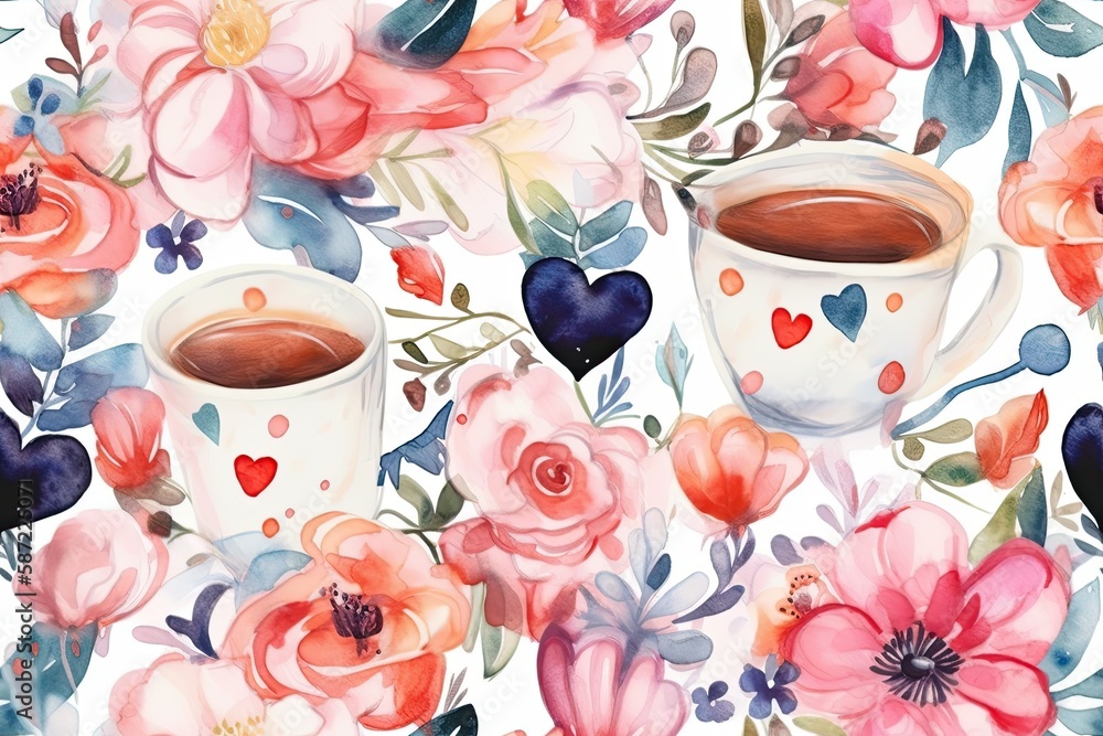 two cups of coffee painted in watercolor. Generative AI