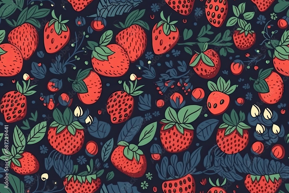 blue background with a repeating pattern of strawberries and other berries. Generative AI