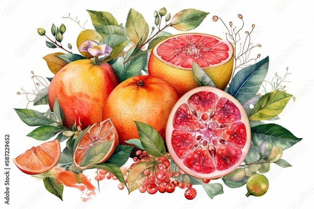 watercolor painting featuring pomegranates and leaves. Generative AI