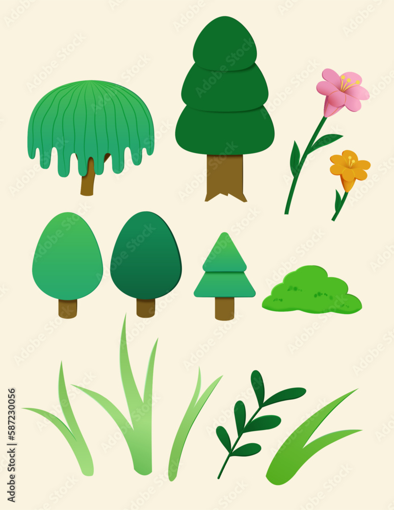 Paper cut style plant elements set