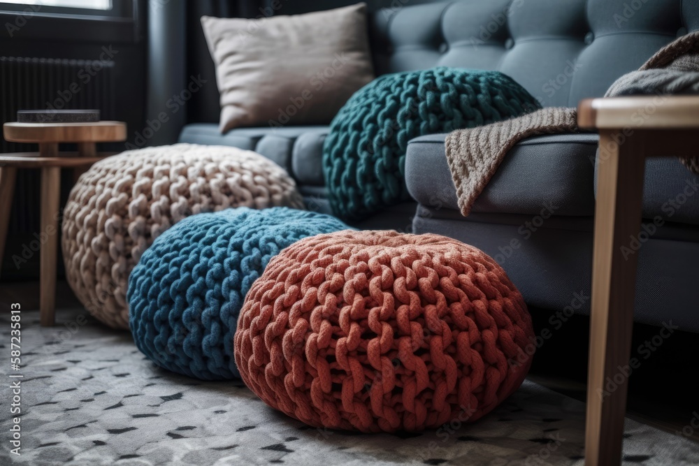 Modern, comfy poufs near couch. Architecture. Generative AI