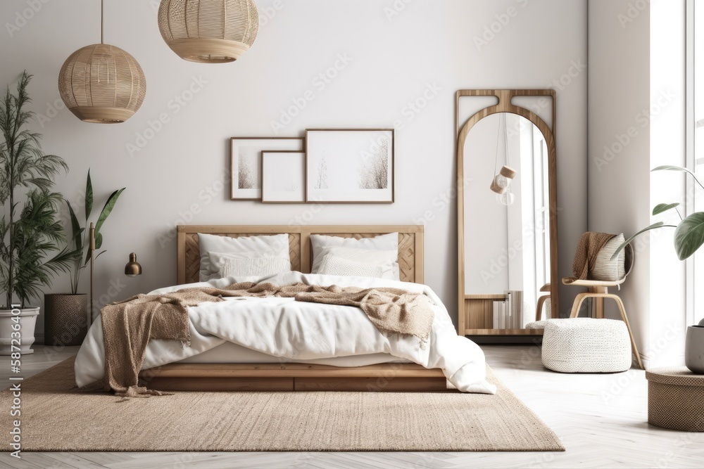 Bedroom mockup with rattan furniture and blank wall, coastal style,. Generative AI