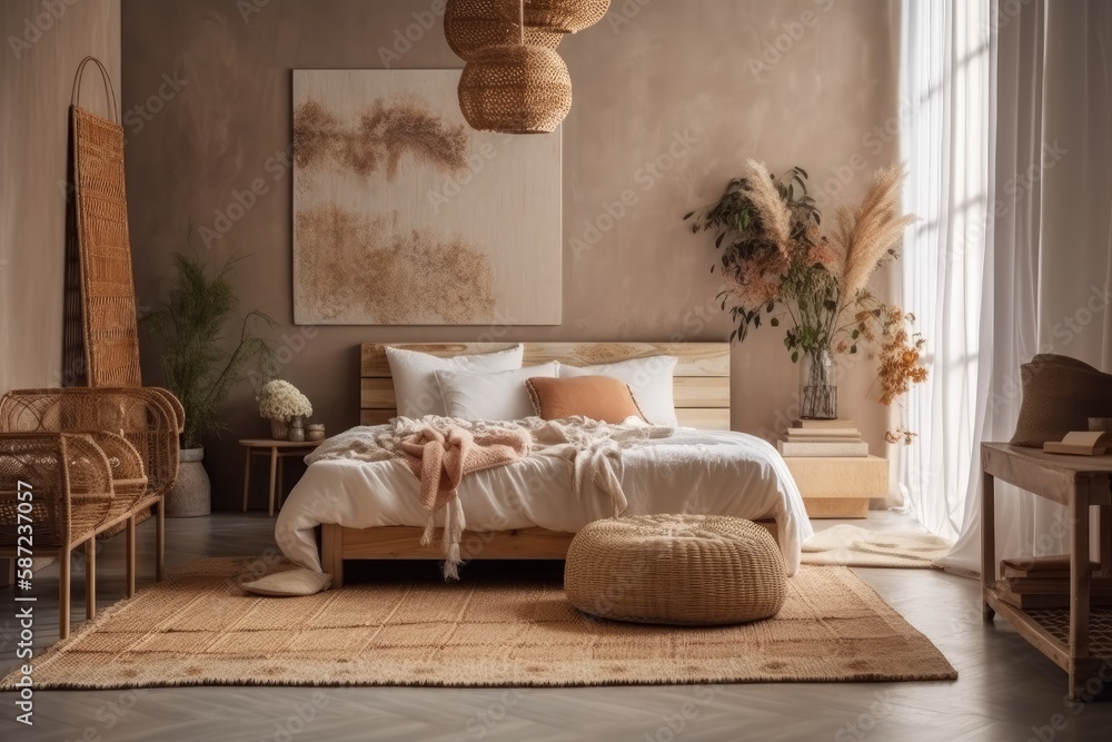 Minimalist boho bedroom with wooden cube, vase with flowers, rattan basket, carpet, and lovely acces