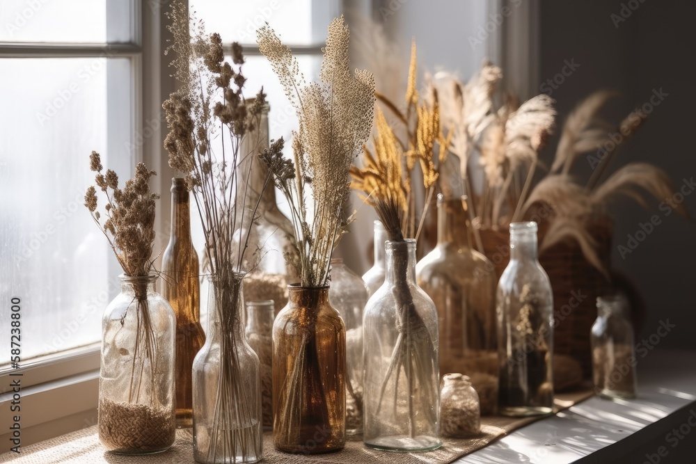 floor arrangement of dried flowers in glass bottles. Dried flowers in comfortable Scandinavian room.