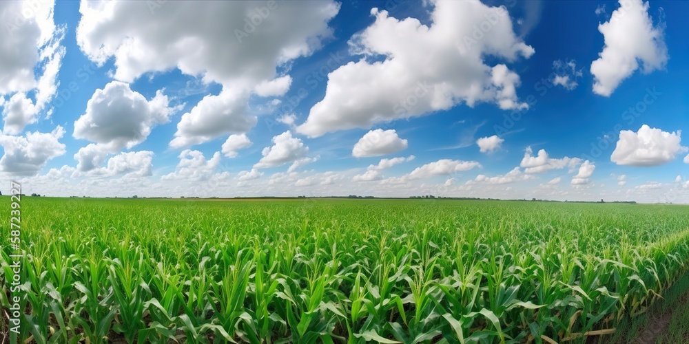 Agricultural corn field on sunny summer day. Generative AI