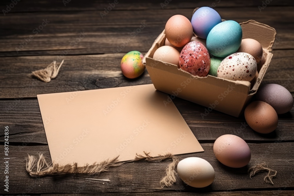 colorful cardboard box filled with a variety of Easter eggs. Generative AI