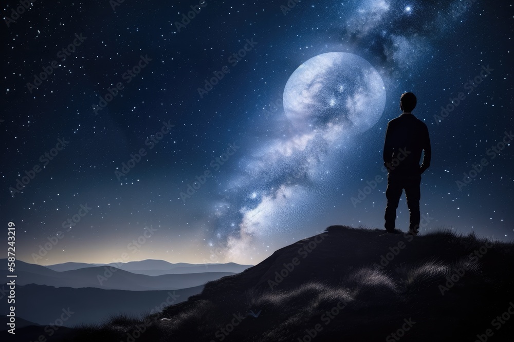 A man stands watching with wonder and amazement as the moon and milky way galaxy fill the night sky.